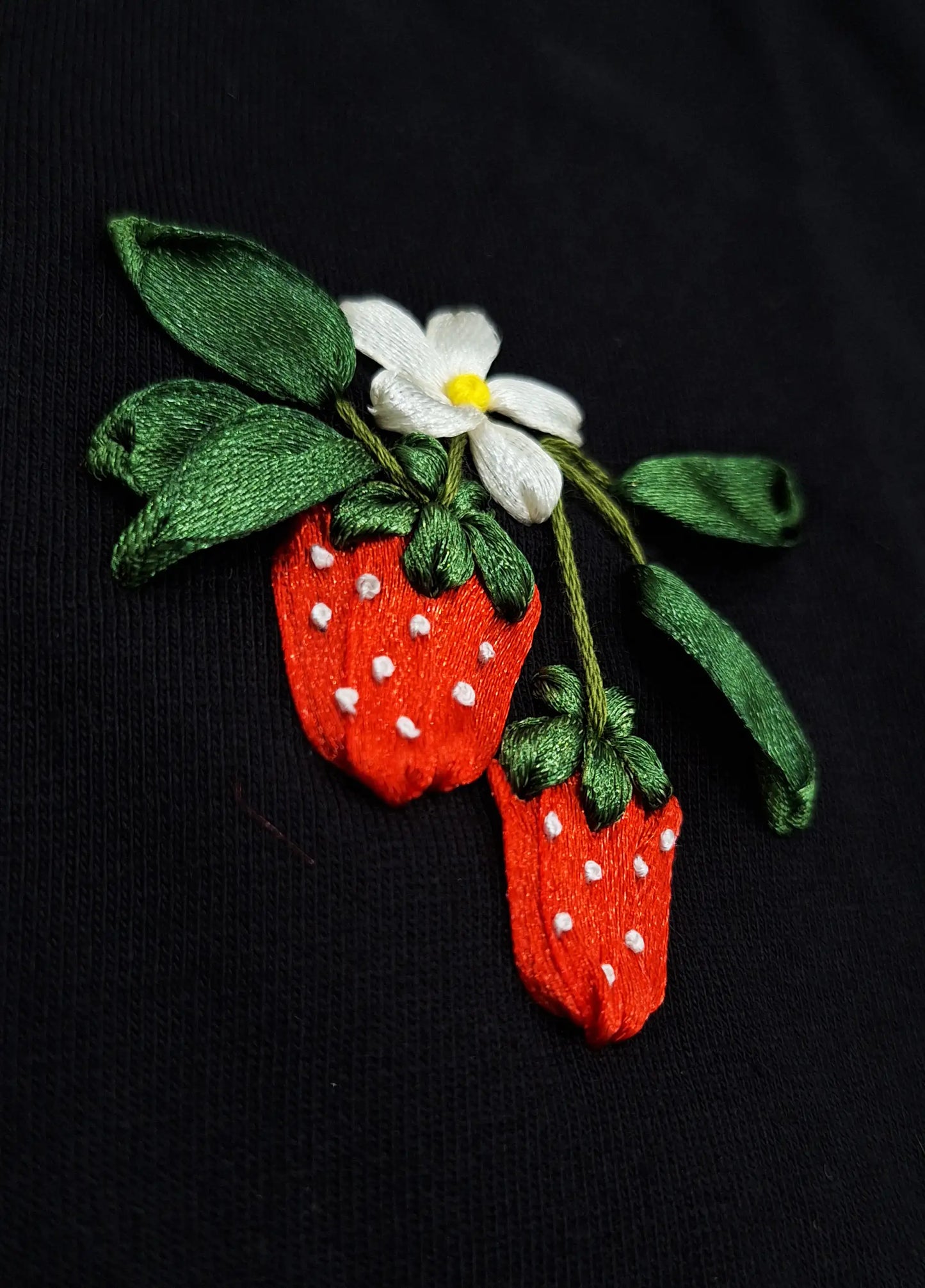 Strawberry Blossom Embroidered Black T-Shirt