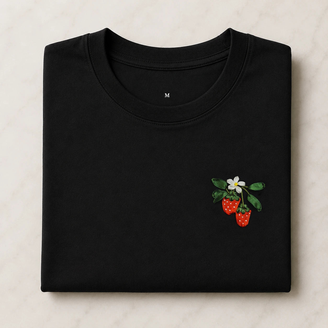 Strawberry Blossom Embroidered Black T-Shirt