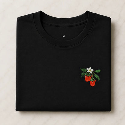 Strawberry Blossom Embroidered Black T-Shirt