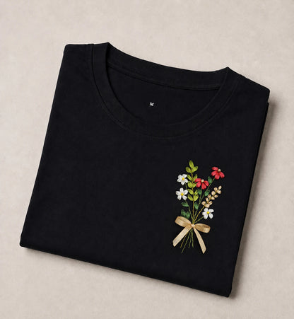 Wildflower Bouquet Embroidered Black T-Shirt