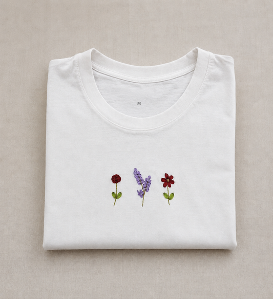 Minimal Floral Embroidered White T-Shirt
