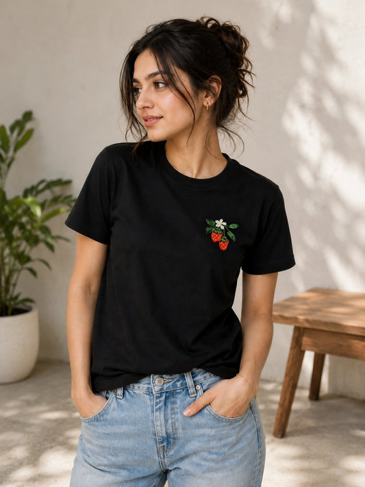Strawberry Blossom Embroidered Black T-Shirt