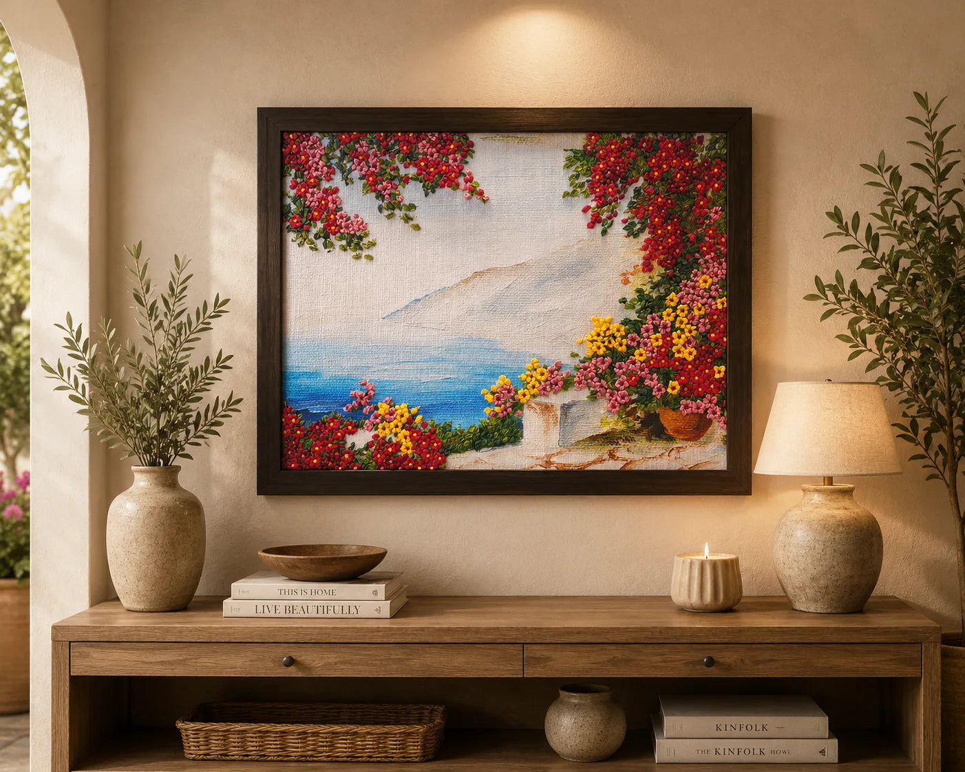 Blooming Coastal Garden Ribbon Embroidery Wall Art