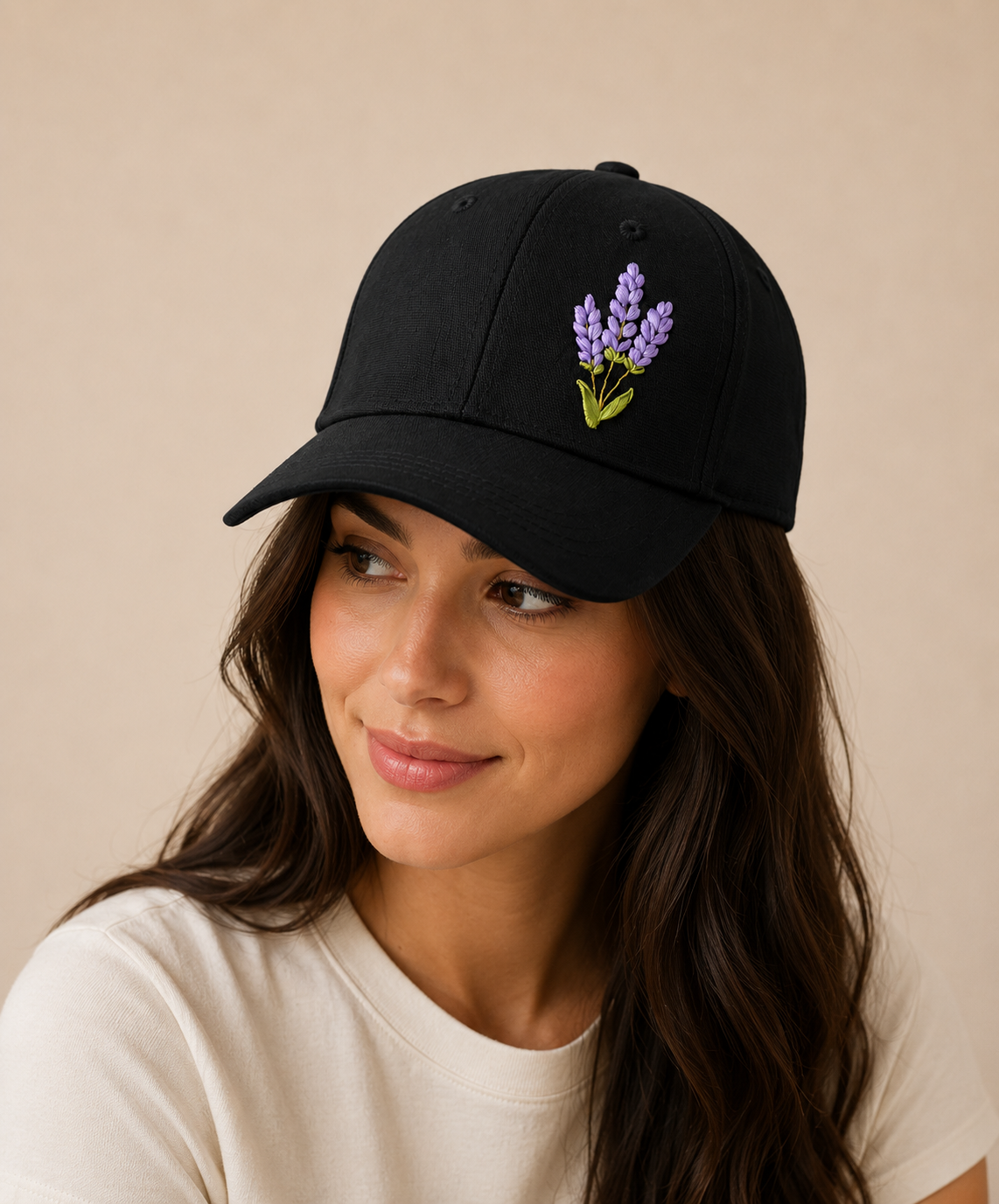Lavender Embroidered Black Cap