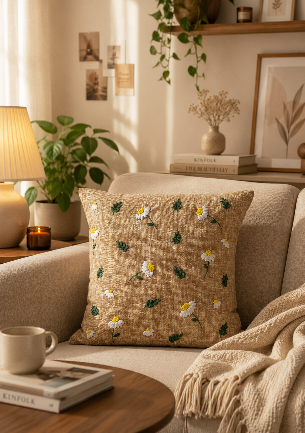 Daisy Embroidered Cushion – Handmade Floral Pillow Cover