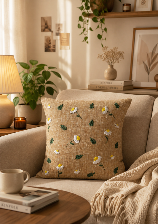 Daisy Embroidered Cushion – Handmade Floral Pillow Cover