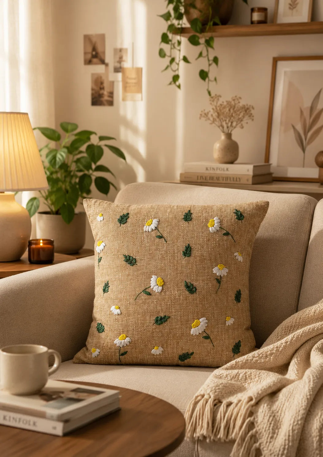 Daisy Embroidered Cushion – Handmade Floral Pillow Cover