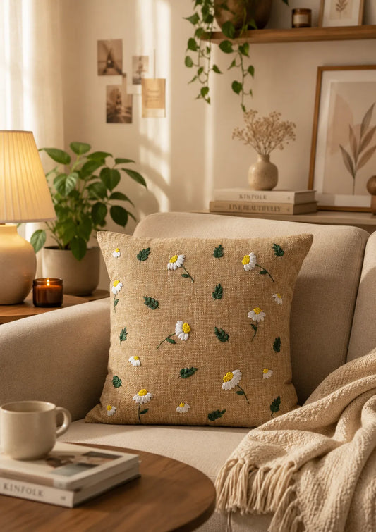 Daisy Embroidered Cushion – Handmade Floral Pillow Cover