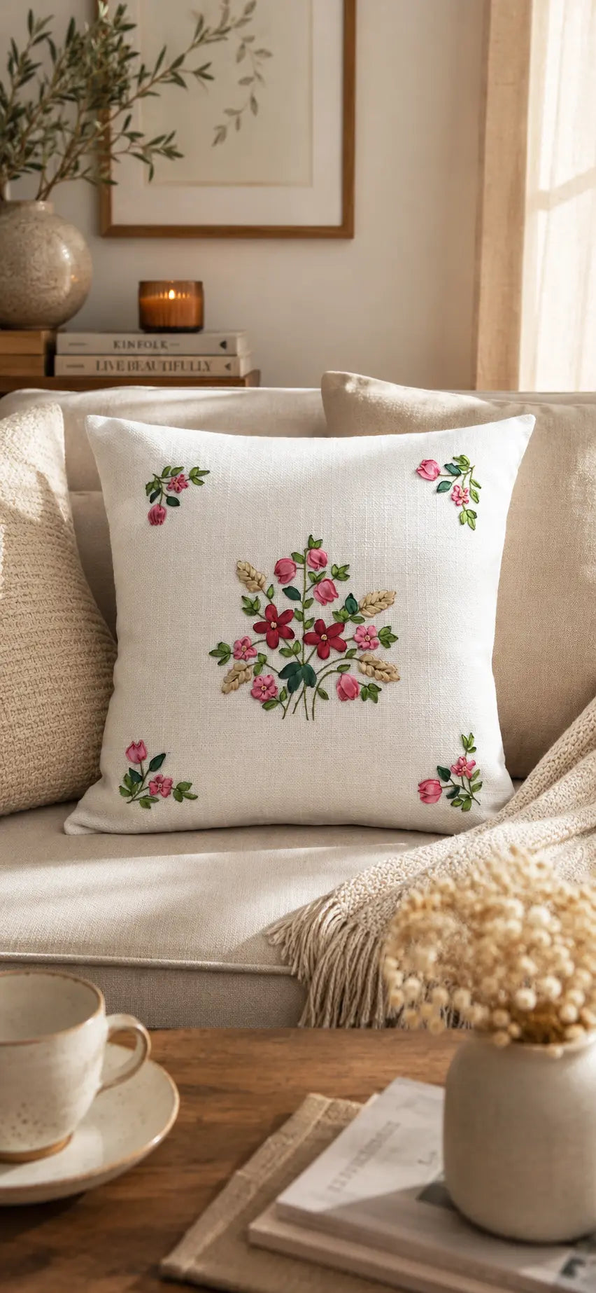 Floral Embroidered Cushion – Handmade Floral Pillow Cover