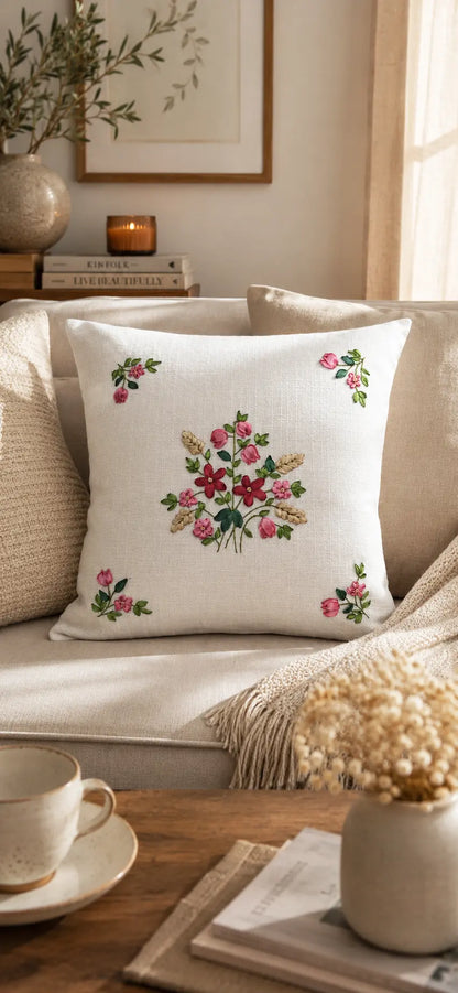 Floral Embroidered Cushion – Handmade Floral Pillow Cover