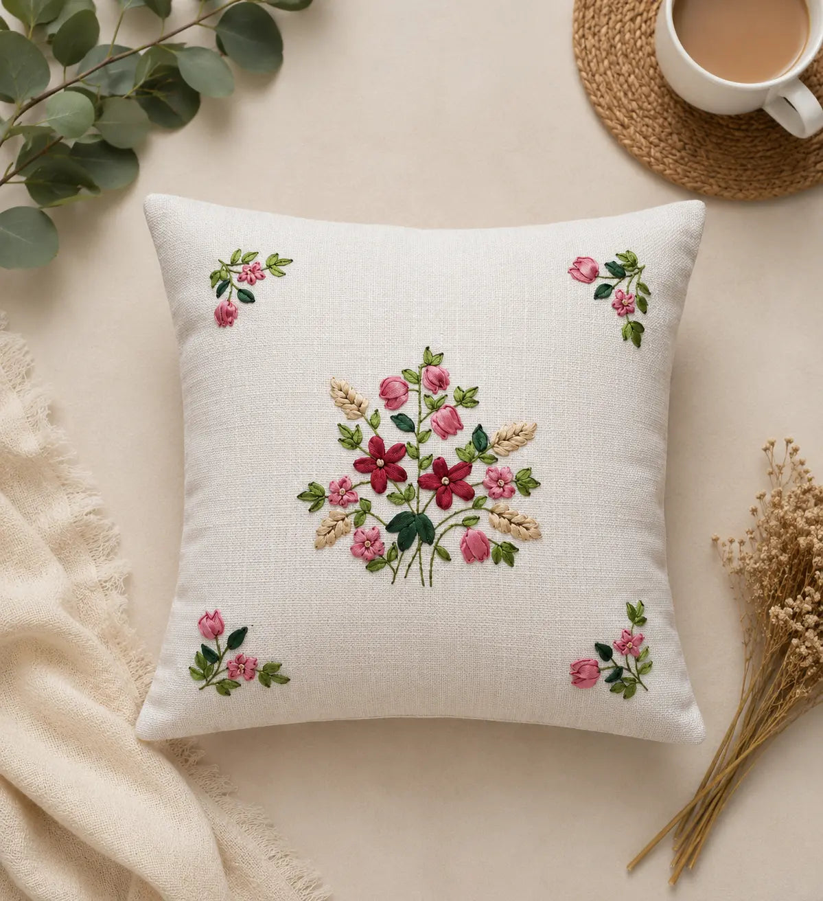 Floral Embroidered Cushion – Handmade Floral Pillow Cover
