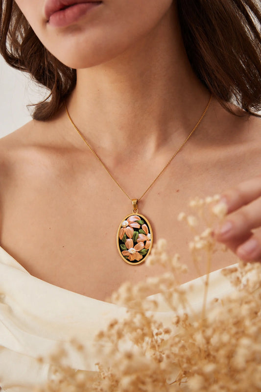 Peach Floral - Oval Pendant